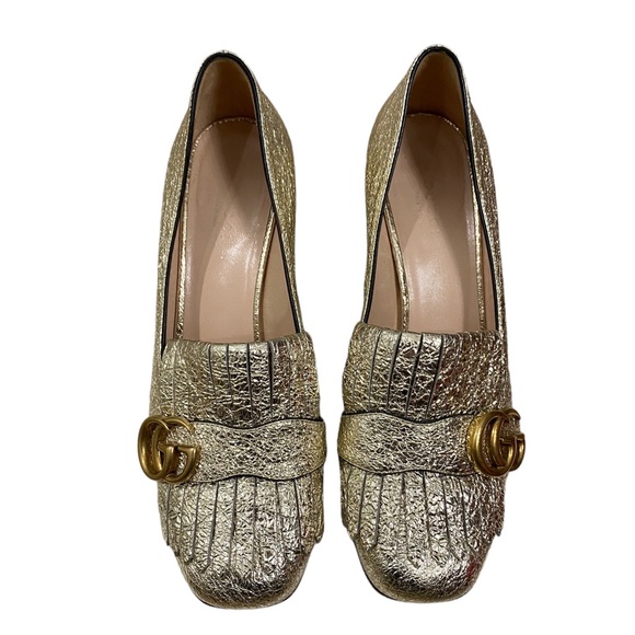Gucci Marmont GG Logo Golden Fringe Block Mid Heel Kiltie Loafers Pumps - Picture 4 of 15